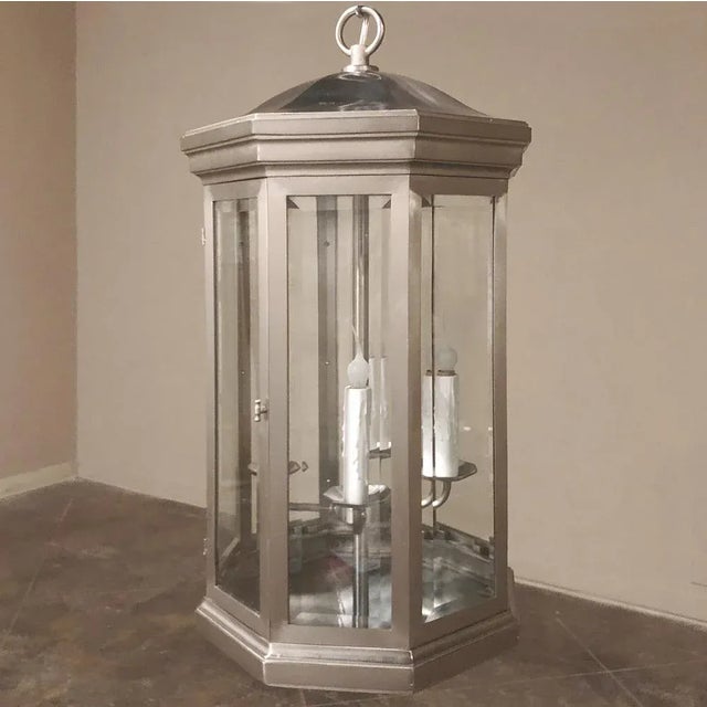 Platinum Mid-Century Brushed Steel Lantern Chandeliers - a Pair For Sale - Image 8 of 12