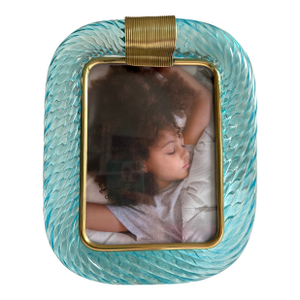 Mid-Century Modern Style Light-Blue "Torchon" Murano Glass Small Picture Frame and Brass in Barovier Style