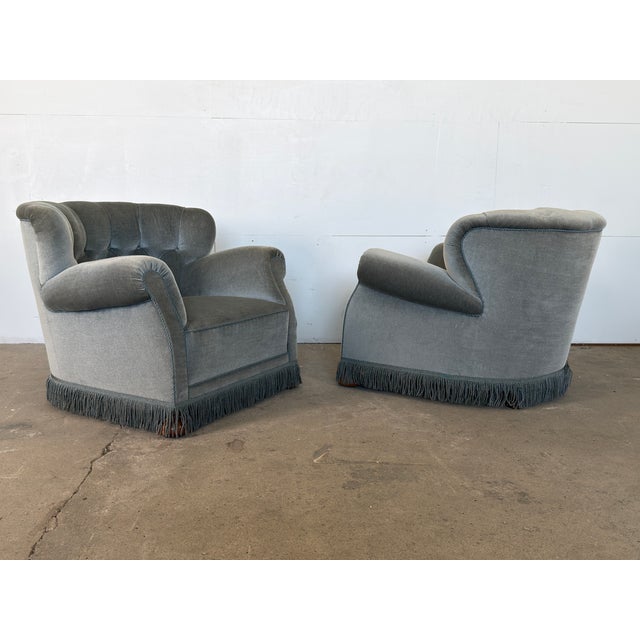 Danish Lounge Chairs in Grey-Blue Velvet in the style of Fritz Hansen, 1940s, Set of 2 For Sale - Image 6 of 12