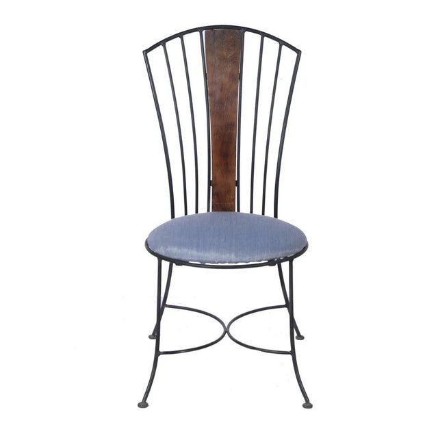 1990s Lapis and Mother of Pearl Pietra Dura Cafe Table and 4 Iron Chairs with Cushions For Sale - Image 5 of 10