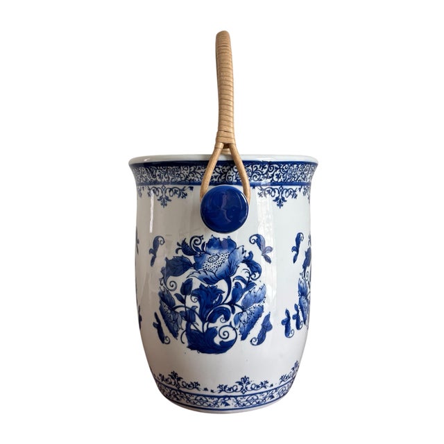 Ceramic Floral Blue White Chinoiserie Champagne Bucket With Rattan Handles For Sale - Image 4 of 6
