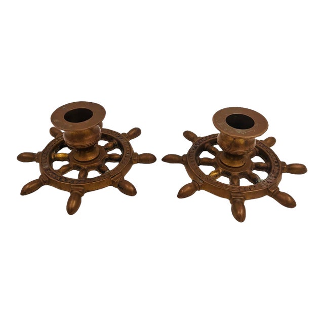 Vintage Brass Nautical Ship's Wheel Candlestick Holders - Set of Two For Sale