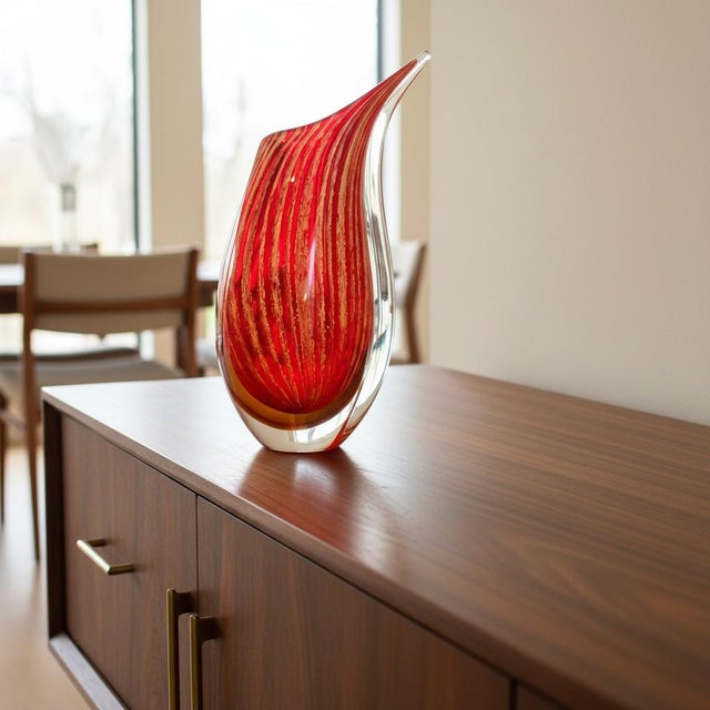 Mid-Century Modern Murano Style Sommerso Art Glass Vase-Red Gold-Hand Blown-Modernist-Sculptural For Sale - Image 3 of 11