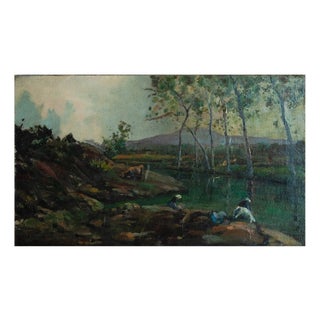 Joaquim Vayreda Y Vila, Barbizon School Women Washing by the Riverbank, 1800s, Oil on Canvas For Sale