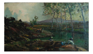 Joaquim Vayreda Y Vila, Barbizon School Women Washing by the Riverbank, 1800s, Oil on Canvas