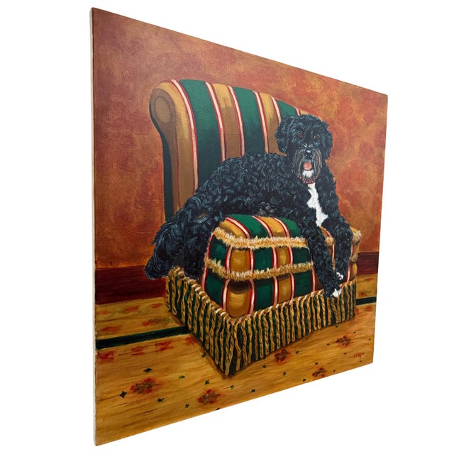 Pair of Large Original Oil Portraits of a Portuguese Water Dog on a Striped Bergère For Sale - Image 10 of 15