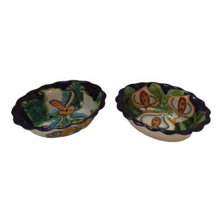 Vintage Talavera Mexican Majolica Calla Lily Bowl With Scallop Edge and a Floral Painted Salsa/Dip Bowl - Set of 2 For Sale