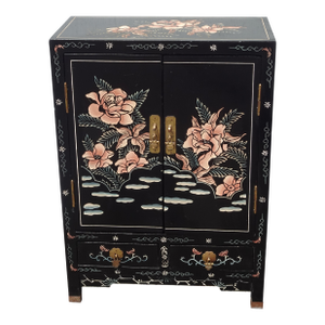 Vintage Chinese Asian Black Lacquer Chinoiserie Cabinet Side Table