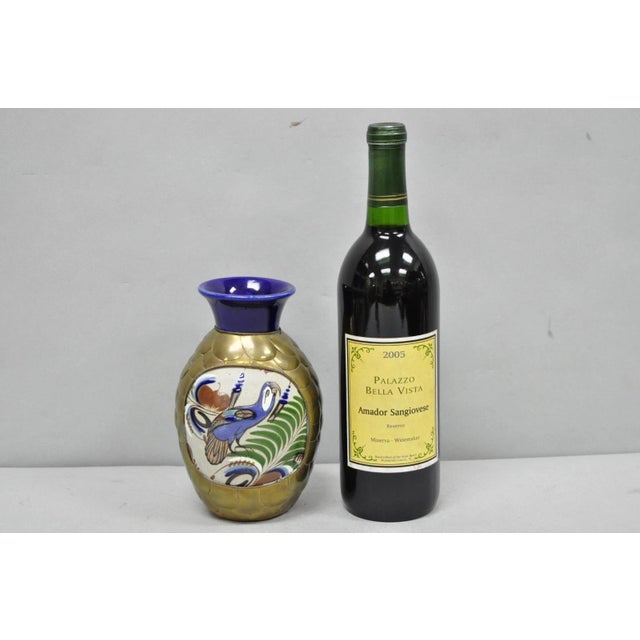 Vintage Mateos Mexico Tonala Pottery Mid Century Modern Brass Peacock Feather 7" Vase after Sergio Bustamante. Circa Mid...