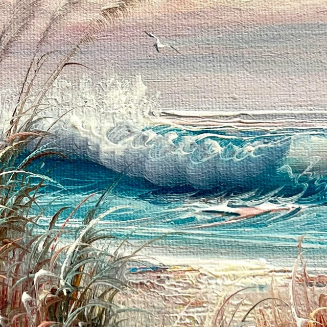 Vintage Coastal Seascape Pink Sunset Breaking Waves Original Oil on Canvas Painting Signed and Framed For Sale In Miami - Image 6 of 13
