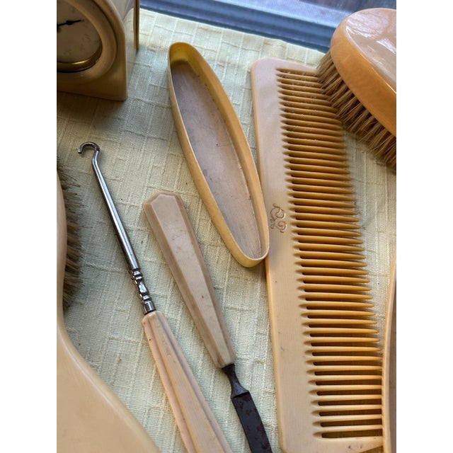 Plastic 8 Pc Antique French Ivory Celluloid Dresser Set With Clock and More Art Deco 30s For Sale - Image 7 of 9