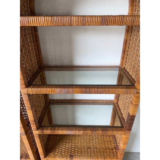 1970's Vintage Palm Beach Regency Style Arched Rattan & Glass Étagères – A Pair For Sale - Image 12 of 18