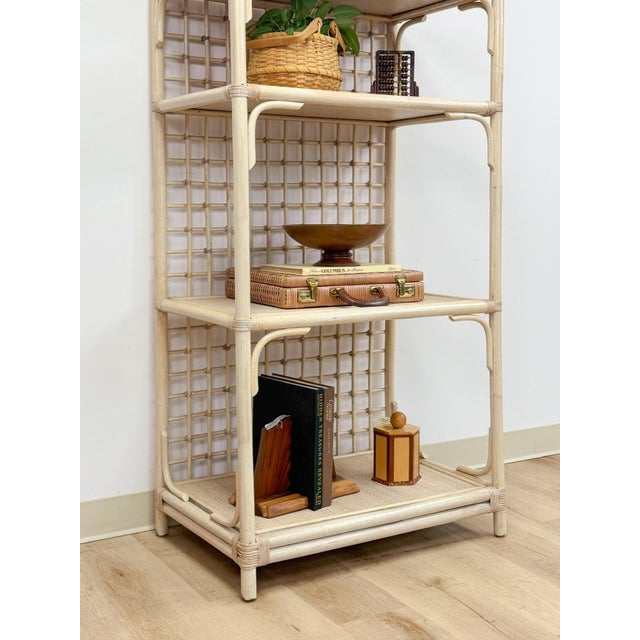 Vintage Arched Blonde Rattan Lattice Etagere Coastal Boho Hollywood Regency For Sale - Image 14 of 16