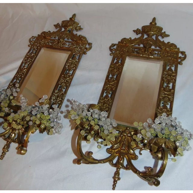 19thc French Antique Pair Louis XVI style Bronze Framed Mirrored Wall Sconces Featuring Detailed Koi, Dolphin, Fish Motif....