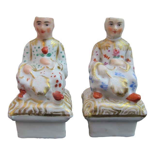 Miniature Sitting Man Porcelain Incense Burner Scent Bottle Figurine Pair For Sale