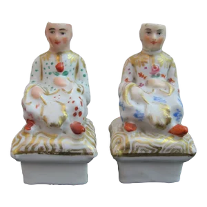 Miniature Sitting Man Porcelain Incense Burner Scent Bottle Figurine Pair