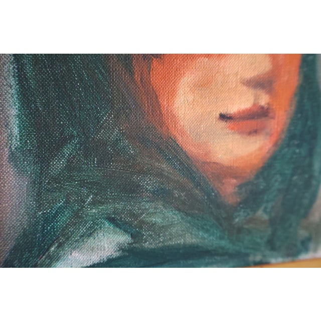 Mid 20th Century Signed Vintage Expressionist Portrait in Emerald Headscarf—Custom Gilt Frame For Sale - Image 5 of 18