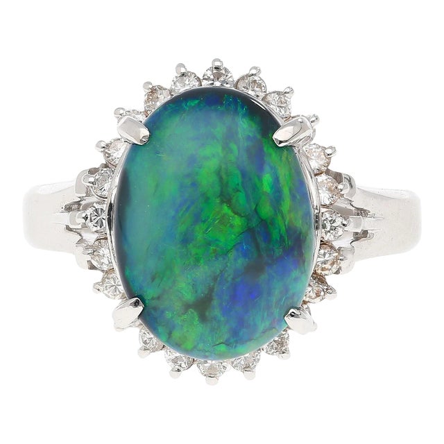 1990s 2.78 Carat Black Opal and Diamond Halo Platinum Filigree Ring Size 6 For Sale