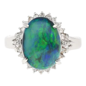 1990s 2.78 Carat Black Opal and Diamond Halo Platinum Filigree Ring Size 6