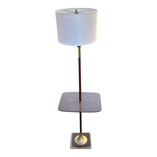 Mid Century Modern Brass and Walnut Laurel Floor Lamp Table For Sale