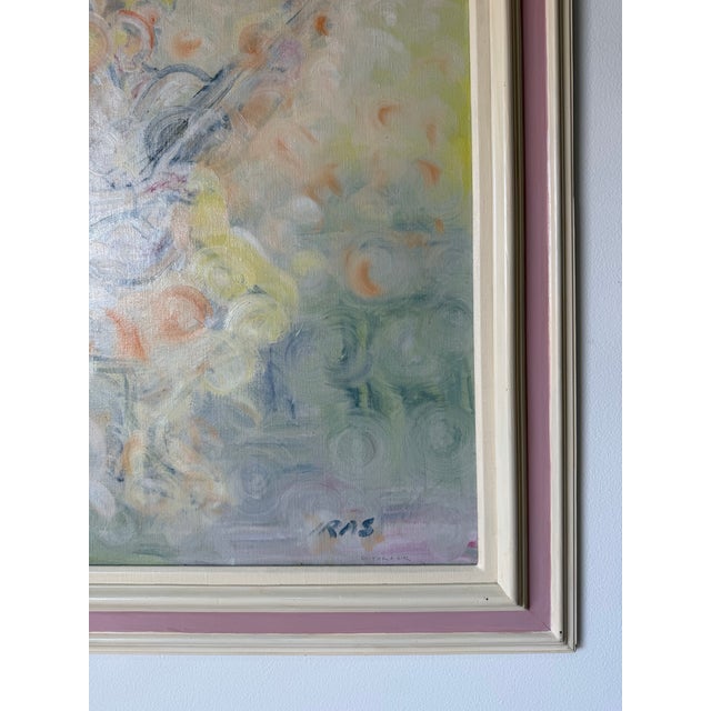 Pink 1970’s Iras “Guitar + Girl” Impressionist Abstract Oil on Canvas Painting, Framed For Sale - Image 8 of 12