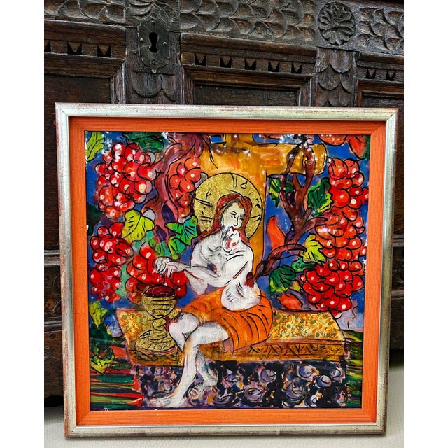 Glass Mid 20th Century Saint Among the Vines – Hand-Painted Reverse Glass Icon With 24 Carat Gold Highlights - Unsigned Unknown Artist For Sale - Image 7 of 8