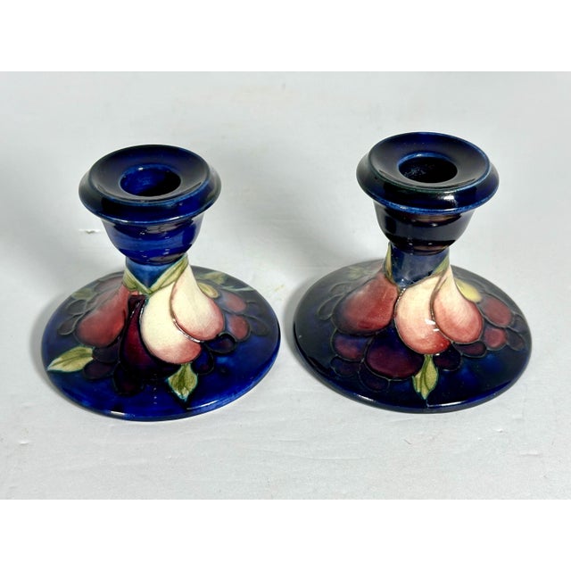 Moorcroft Wisteria Pottery Candlestick Holders Pair c. 1930s For Sale - Image 4 of 10
