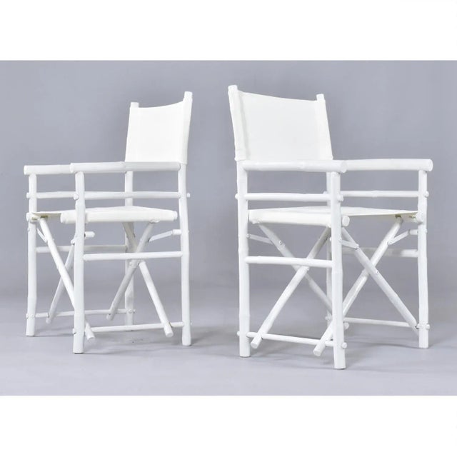 Set of 4 Vintage White Rattan Bamboo Canvas Sling Folding Directors Chairs For Sale - Image 13 of 16