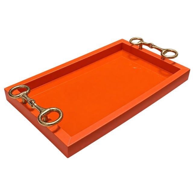 Equestrian Horse Bits Hermes Style Orange Glossy Glass Decorative Cocktail Tray For Sale - Image 4 of 6