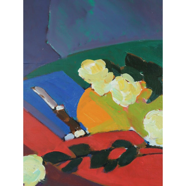 Orange Mid-Century Modern 'White Roses' Vintage Original Swedish Still Life Oil Painting by Swedish Artist Eric Elfvén (1921–2008), Framed For Sale - Image 8 of 12