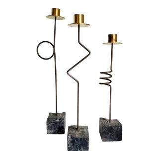 Set of 3 Kräsen Candlesticks by Ehlen Johansson for Ikea, Stone and Wrought Iron Trio of Candlestick Holders For Sale