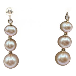 Pink Pearl Drop Earrings in 14kt Yellow Gold – Multi-Pearl Design, 4.4g, New, A Pair For Sale