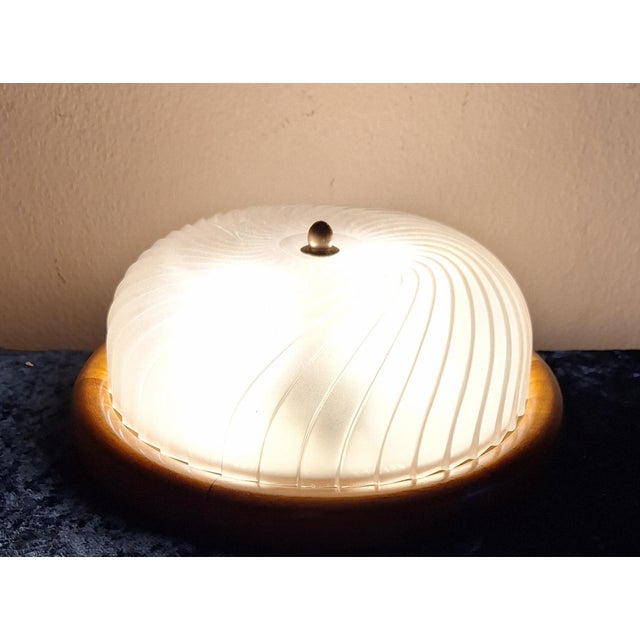 Wood German Ceiling Lamp with Spiral-Shaped Segmented Matte Glass Shade on Chestnut Wood Mount, 1980s For Sale - Image 7 of 7