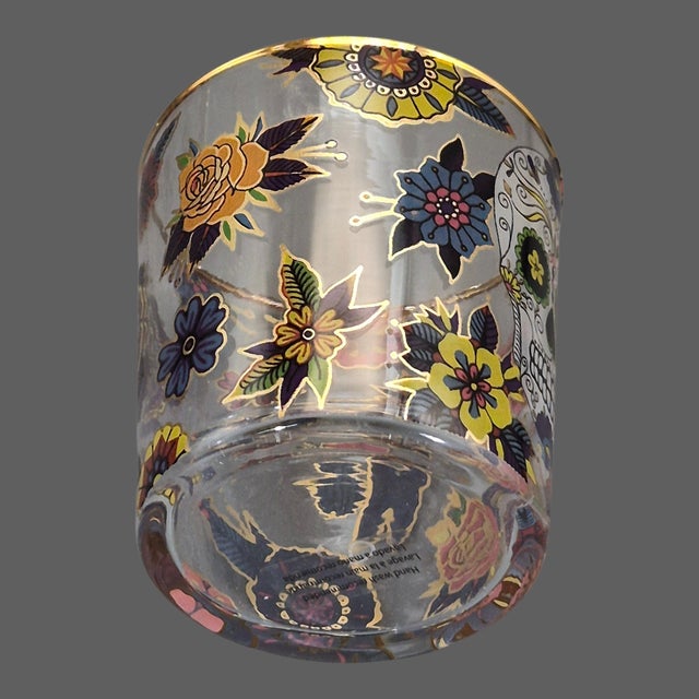 Williams-Sonoma Late 20th Century Boho Chic Williams Sonoma Day of the Dead Painted Skull Floral Tumblers Highball Glasses - Set of Four L For Sale - Image 4 of 8
