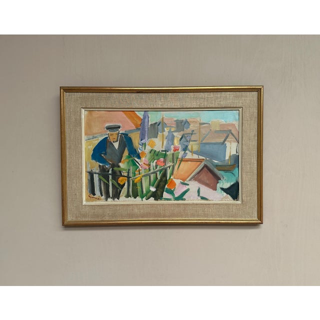 Original Swedish Oil on Canvas – “Figure by a Fence with Flowers” by Carl Gunne – Signed – Vintage & Framed – 69.5 × 48 cm...