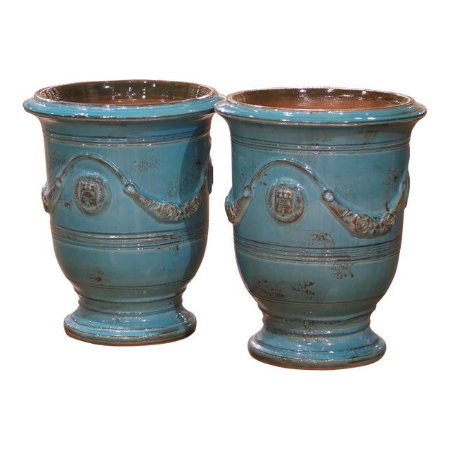Pair of French Turquoise Glazed Terracotta Planters by La Madeleine in Anduze For Sale
