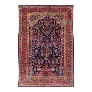 1960s Vintage Persian Kashan Handmade Navy Blue Floral Wool Rug For Sale