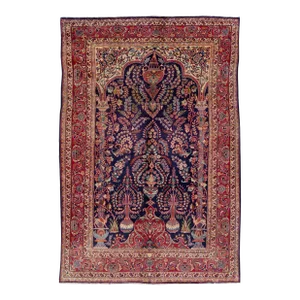 1960s Vintage Persian Kashan Handmade Navy Blue Floral Wool Rug