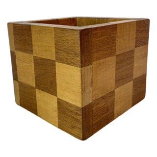 20th C. Mid-Century Modern Handcrafted Checkerboard Inlay Mixed Wood Cube Pen Holder or Planter For Sale