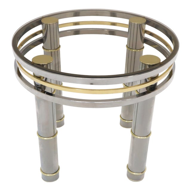 Late 20th Century Chrome Brass Smoked Glass Round Side Table Stand For Sale