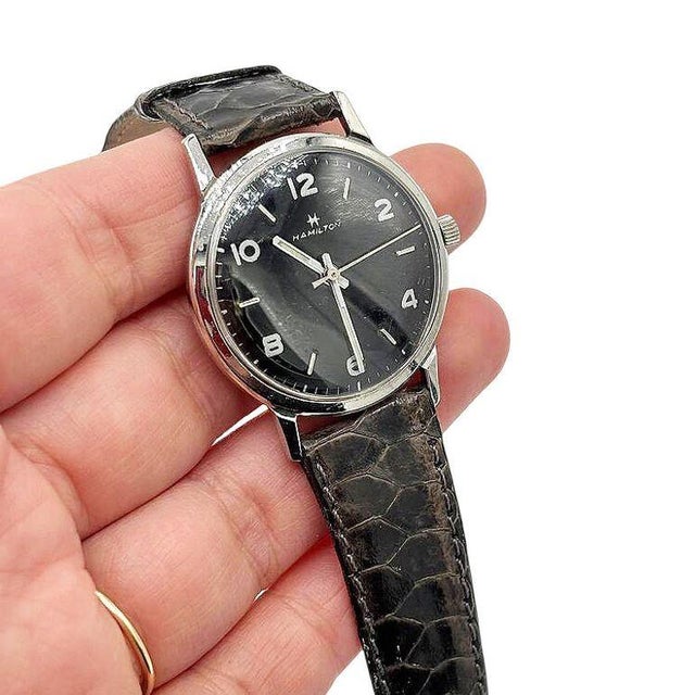 1950 Hamilton Thin-O-Matic Wristwatch W/ Black Dial on Leather Band For Sale - Image 4 of 10