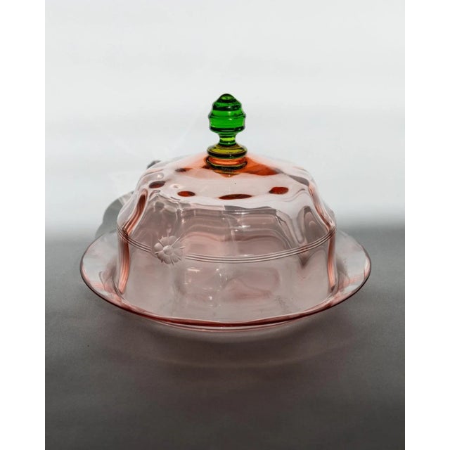 Vintage Glass Cloche Dish with Plate in Pink and Green Glass with Engraved Floral Decor, Italy, 1930s For Sale - Image 11 of 11