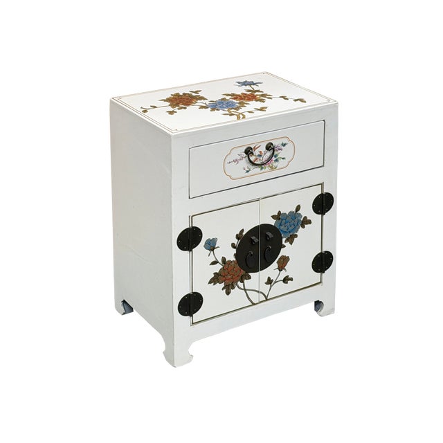 Chinese Off White Vinyl Moon Face Flower Graphic End Table Nightstand For Sale - Image 4 of 12
