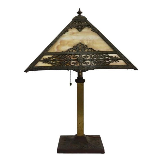Bradley Hubbard Bradley & Hubbard Arts & Crafts 4-Panel Floral Overlay Slag Glass Lamp C1920 For Sale - Image 4 of 9