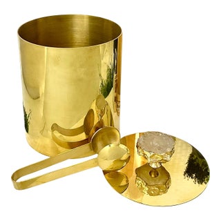 Late 20th Century Anna New York Gold Ice Bucket Set With Crystal Knob, Bottle Opener & Tongs For Sale