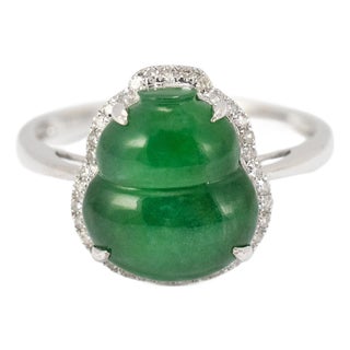 18k White Gold 3.00ct Green Burmese Jadeite Jade Diamond Cocktail Ring, Size 6.25 For Sale