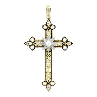 Superb Victorian Antique Diamond Pearl Gold Cross Pendant For Sale