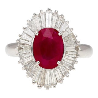 2.19 Carat Oval Cut Ruby and Baguette Diamond Halo Platinum Ballerina Ring For Sale