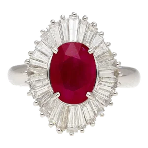 2.19 Carat Oval Cut Ruby and Baguette Diamond Halo Platinum Ballerina Ring