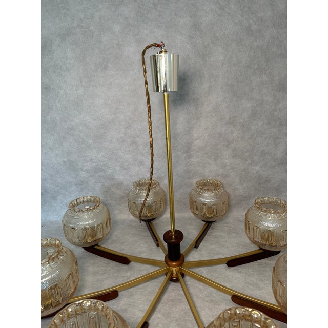 Vintage 8-Arm Chandelier with Textured Glass Shades and Wooden Elements, 1970s For Sale - Image 6 of 12